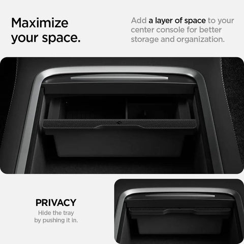 Center Console Organizer for Tesla Model Y 2021 2024 and Model 3 2021 2023, Durable PC Tray installed in car, anti-slip design shown