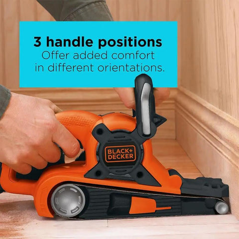 Person using Heavy Duty Belt Sander With Dust Bag 7 Amp Motor 3 Inch By 21 Inch Angled Sanding Belt, showing 3 handle positions.