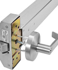 Close-up of Job Site Ready 304 Stainless Steel Push Bar Panic Exit Device With Exterior Lever Handle UL10C ANSI Grade 1 hardware.