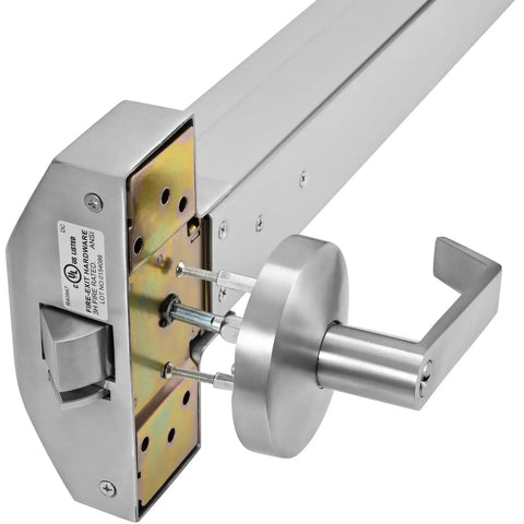 Close-up of Job Site Ready 304 Stainless Steel Push Bar Panic Exit Device With Exterior Lever Handle UL10C ANSI Grade 1 hardware.