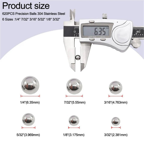 Pro Grade Stainless Steel Precision Balls Kit 620 Pieces With Six Sizes For Bicycle Bearings And Machinery One Quarter Inch Seven Thirty Second Inch Three Sixteenth Inch Five Thirty Second Inch One Eighth Inch Three Thirty Second Inch Durable Rust size chart