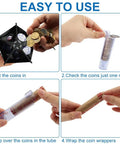 Hands demonstrate Easy Coin Sorter Tube Set With Wrappers, 5 in 1 Change Counter Machine, illustrating coin sorting and wrapping process.