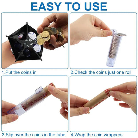 Hands demonstrate Easy Coin Sorter Tube Set With Wrappers, 5 in 1 Change Counter Machine, illustrating coin sorting and wrapping process.