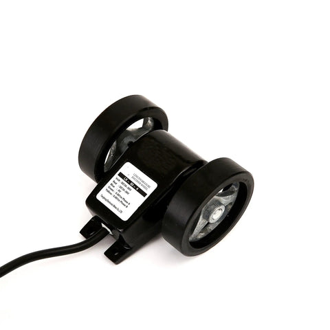 Straight Up Precision Six Digit Digital Programmable Counter Length Meter With Rotary Encoder Measuring Wheel Instrument side view with dual wheels.