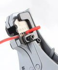 Heavy Duty Wire Crimper And Stripper Plier For Slick Multistrand Cable Cutting Deadset showing sharp blade and red cable.