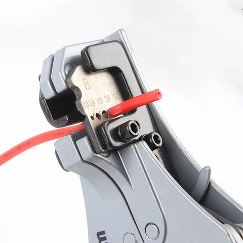 Heavy Duty Wire Crimper And Stripper Plier For Slick Multistrand Cable Cutting Deadset showing sharp blade and red cable.