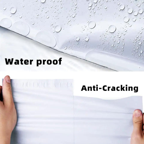 Close-up of 500 Pack 10x13 Inch White Exterior Silver Interior Poly Mailers With Strong Self Sealing Adhesive Waterproof Tear Resistant Shipping Envelopes, showing waterproof surface with droplets and anti-cracking demonstration.