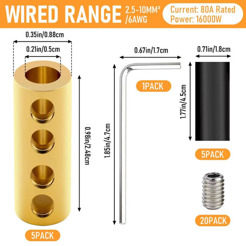 Five Piece Four Hole 6 AWG 80A Brass Wire Splice Connectors Kit dimensions and contents shown with wrench and insulation sleeves.