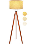 Wood Tripod Floor Lamp With Mid Century Vibe, Tall Standing Lamp For Living Room, Bedroom Or Office, Flaxen Linen Shade, LED Bulb Included