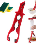 Heavy Duty 3 In 1 Kitchen Lift Tool With Sure Fire Non Slip Heat Safe Grip For Holding Bowls Casseroles Pot Lids And Bottle Caps Quick Mixing Sidekick And Serving Essential In Bright Red, shown gripping bowls and bottles.