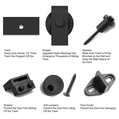 Components of 6 Ft Sliding Barn Door Hardware Kit With Track, Pull Handle Set And Floor Guide For 36 Inch Wide Doors