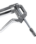 Heavy Duty 120cc Handheld Grease Gun Workhorse with chromic plating and easy squeeze trigger, showing rust resistant metal construction.
