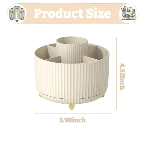 360 Degree Swivel Desk Organizer With Floral Compartments And DIY Stickers, beige plastic caddy with dimensions 5.90 x 4.92 inches.