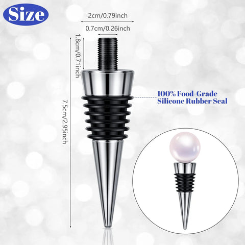 Wine bottle stopper (front view): stainless steel with black ribbed silicone seal and conical tip.