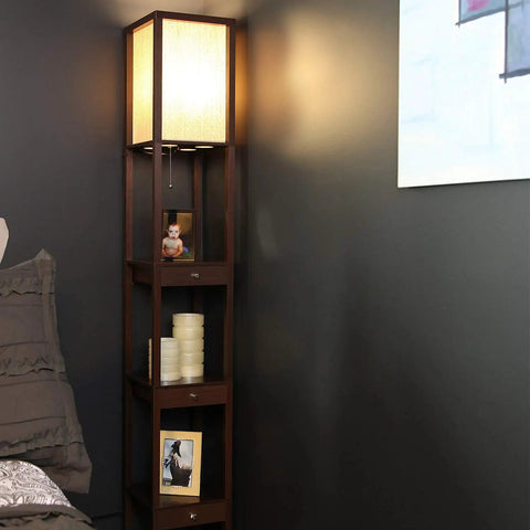 Maxwell Drawer Edition Shelf Floor Lamp With Drawer For Corner Display In Living Room Bedroom And Office Havana Brown Finish Warm White LED Bulb Energy Saving Long Lasting Modern Dope Space Saver For Any Room