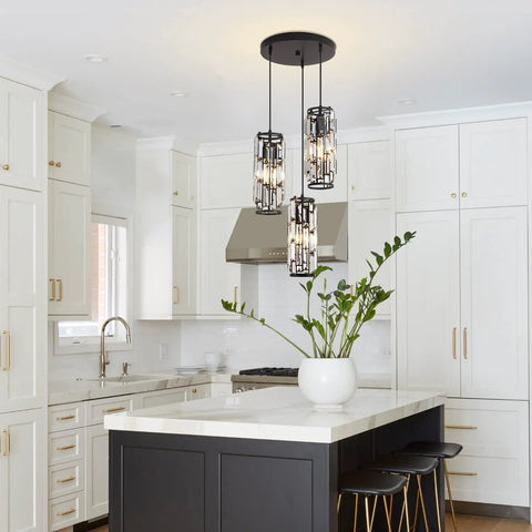 Three Light Black Pendant Light Fixture With Crystal Beads For A Modern Kitchen Island Dining Room And Bedroom Upgrade Pendant Lighting Adjustable Ceiling Hanging Lamp For A Sleek Studio Vibe in a modern kitchen setting with white cabinetry and black island.