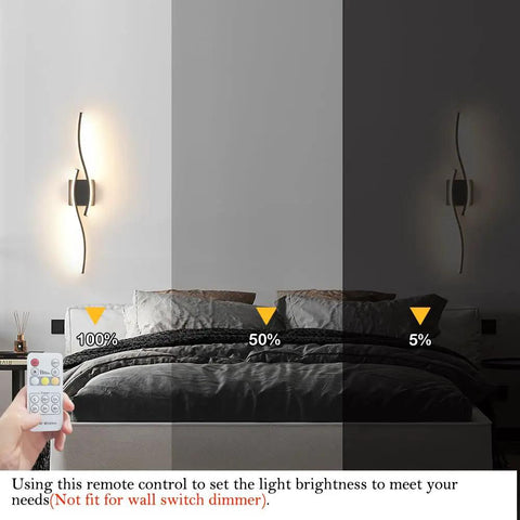 Modern Hardwired LED Wall Sconce Set Of Two With Remote Control, RC Dimmable Black Indoor Wall Lights in bedroom, showing dimming levels.