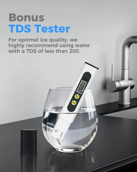 Bonus TDS tester in glass of water on kitchen counter for Chewable Nugget Ice Maker Countertop 44 Lbs Per Day Pebble Sonic Ice Machine