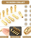 Pro-Grade Rotary Tool Chuck Collet Set with 10 brass collets, 1/32 to 1/8 Inch sizes, compact and durable for precise DIY use