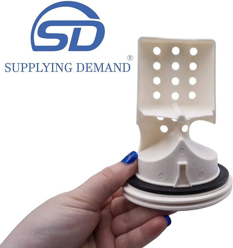 Hand holding coin trap from Front Load Washer Drain Pump Replacement For Model Specific Units 120V 60Hz 0.95A With Coin Trap No Hassle Replacement Part WPW10391443 AP6020786 PS11754106