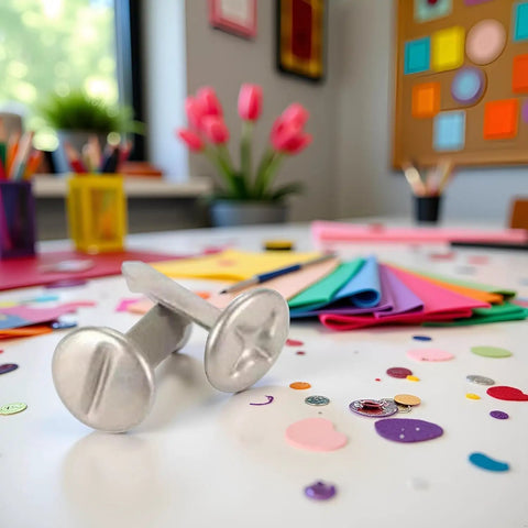 Top Notch 100 Piece Silver Phillips Head Screw Brads For Scrapbooking And Paper Crafting on a colorful craft table.