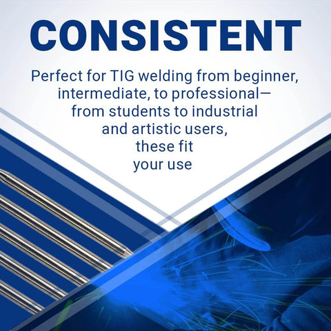 Close-up of Ten Pack 3/32 Inch 1.5% Lanthanated Tungsten Electrodes for TIG Welding with text highlighting use for all skill levels.