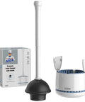 Heavy Duty Toilet Plunger With Holder, Ergonomic Handle, No Nonsense Space Saving Bathroom Setup shown with packaging and ventilated holder.