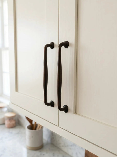 Oil Rubbed Bronze Cabinet Pulls 7 9 16 Inch Centers Six Pack Sleek Transitional Spindle Handles For Kitchen Cabinets