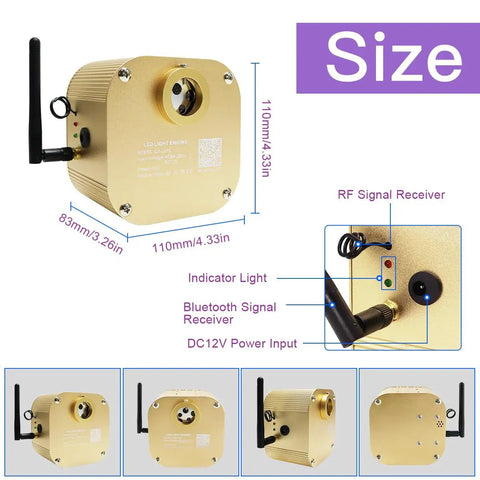Fiber Optic Sensory Light Engine with Twinkle RGBW and Music Activation, Bluetooth App Control, showcasing dimensions and ports