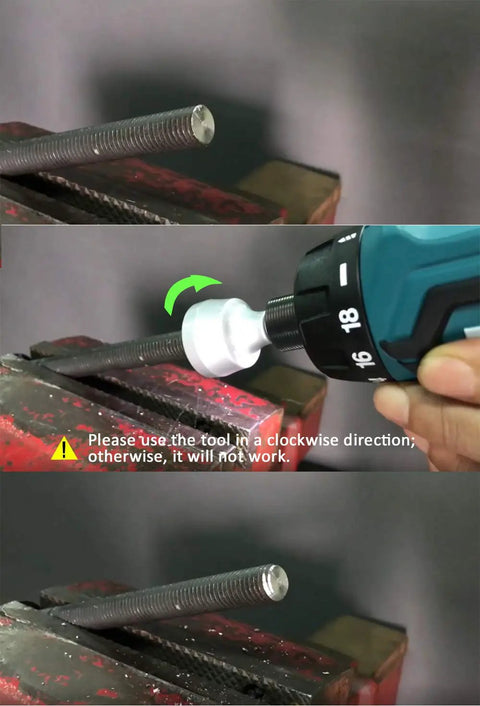 External Deburring Chamfer Tool With HSS Blade For No Fuss Burr Cleanup Quick Release Shank Fits One Eighth To Three Quarters Inch Drills demonstrating use on bolt