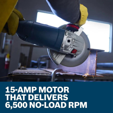 GWS25-230JR 9 Inch Large Angle Grinder With 15 Amp Motor cutting metal, emitting sparks in a workshop