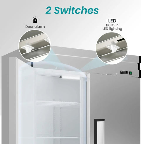 Shop Grade 54 Inch Stainless Steel Upright Freezer With Dual Solid Doors And Heavy Duty Casters For Quick Kitchen Or Garage Layout Featuring Efficient Airflow Temp Range And Rock Solid Workhorse Performance door alarm and LED lighting switches