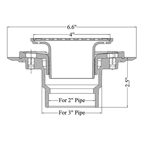 Cross-section of Low Profile 4-1/4 Inch Square Shower Drain Kit with 304 Stainless Steel Base and PVC Flange dimensions
