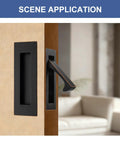 Slick Recessed Pocket Door Hardware Set With Flushing Edge Pull And Two Legit Heavy Duty Slide Handles For Smooth Closet Barn Door Operation In Top Shelf Oil Rubbed Bronze Finish on wooden door with modern interior.