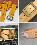 Oblong Leather Hole Punch Set With 19 Sizes And Nylon Pad, showcasing punched leather watch straps and belts in yellow and tan leather.