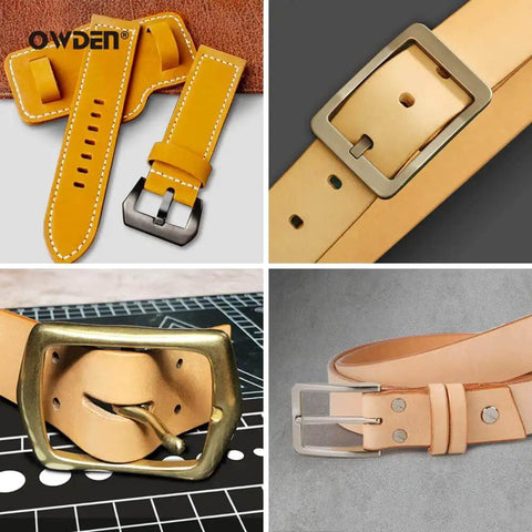 Oblong Leather Hole Punch Set With 19 Sizes And Nylon Pad, showcasing punched leather watch straps and belts in yellow and tan leather.