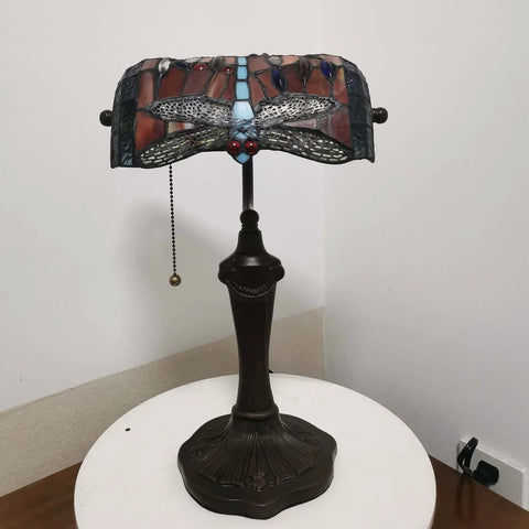 Dragonfly Tiffany Style Stained Glass Desk Lamp for Reading and Working, Banker Table Lamp With Adjustable Directional Light