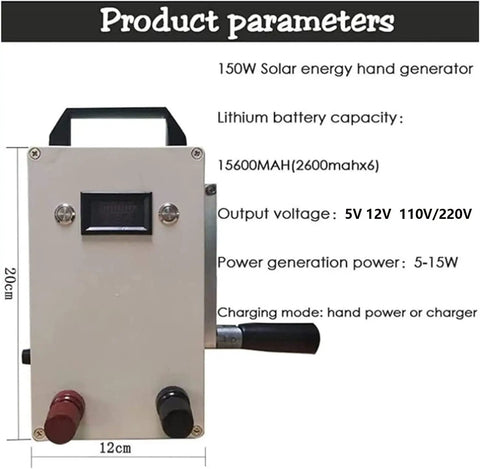Dimensions and specs of Portable Hand Crank Generator 150W With USB Output And AC 110V 220V shown on display.