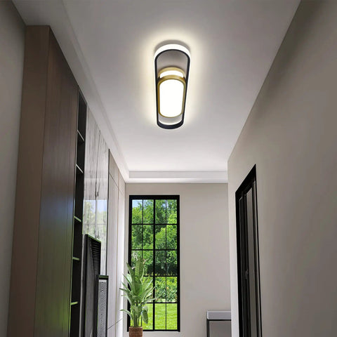 Modern LED Flush Mount Ceiling Light With Remote, Dimmable 40W Panel installed in hallway, acrylic linear fixture, interior view
