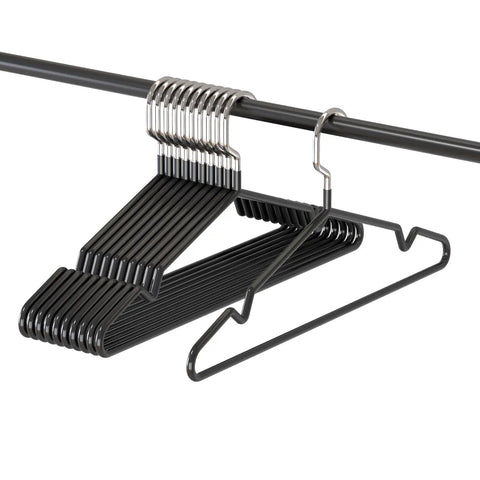 Set of black friction hangers on rod, Non Slip Metal Hangers For Suits And Coats With Rubber Coating Chrome And Black Friction Hangers 16 Inch Wide Heavy Duty 5 Gauge Wire Notched Shoulders To Prevent Slipping Set Of 20