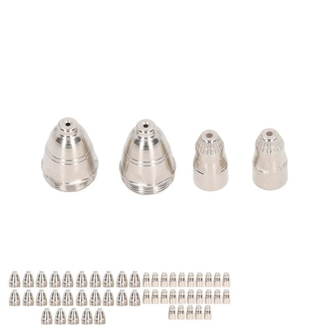 Premium Copper Plasma Cutting Torch Consumable Kit Includes 50 Pieces Nozzle And Electrode Parts For Routine Welding Jobs With 1.5mm Precision Design Built Durable And Ready To Slash Through Metal Effortlessly. 4 nozzles with a chrome finish alongside 46 additional consumables.