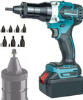 Built Tough Cordless Electric Rivet Gun with brushless design, adjustable settings, and various attachments for convenient use.