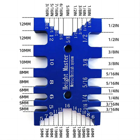 Pro Grade High Precision Aluminum Dovetail Caliper And Tenon Gauge For Woodworking Measuring Height And Gaps, Metric And Imperial, CNC Machined Aluminum Tool For Saw Tables And Machines MG016B blue aluminum gauge with metric and imperial scales