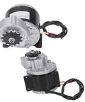 36V 500W Brushed DC Gear Motor With 600 RPM 13T Reduction DIY Friendly Beefy High Torque Electric Motor displayed front and side