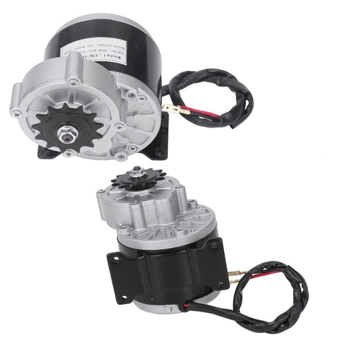 36V 500W Brushed DC Gear Motor With 600 RPM 13T Reduction DIY Friendly Beefy High Torque Electric Motor displayed front and side