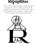 RefrigiWear Reggie logo featuring a dog standing beside the letter R, showcasing brand heritage in cold weather gear.