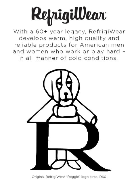 RefrigiWear Reggie logo featuring a dog standing beside the letter R, showcasing brand heritage in cold weather gear.
