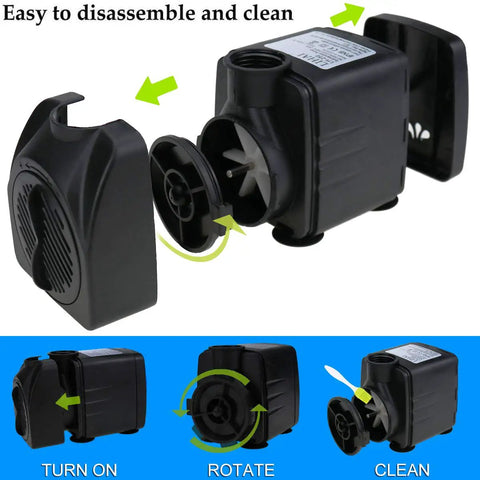 Diagram showing disassembly of Submersible Fountain Pump With 400 GPH 1800 LPH, Ultra Quiet 25W, featuring 3 nozzles.