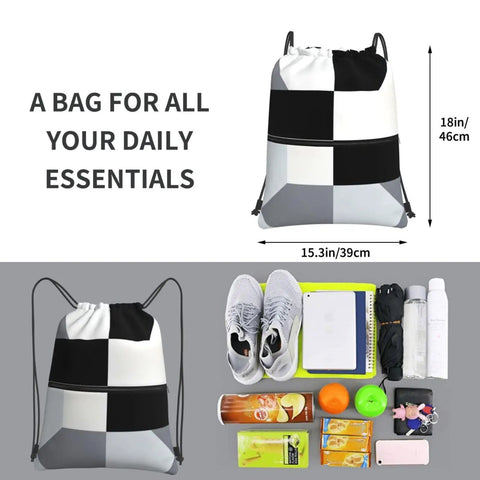Black And White Piano Key Grid Print Drawstring Gym Bag For Men And Women, 18x15.3 inches, suitable for daily essentials.