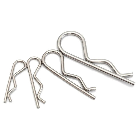 20 Piece Cotter Pin And R Clips Assortment Kit With Heavy Duty Zinc Plated Hair Pins Spring Fasteners And Hitch Pins Clips For Cotter Clip Lock System Includes Multiple Sizes From M1 To M3 showing side view of pins